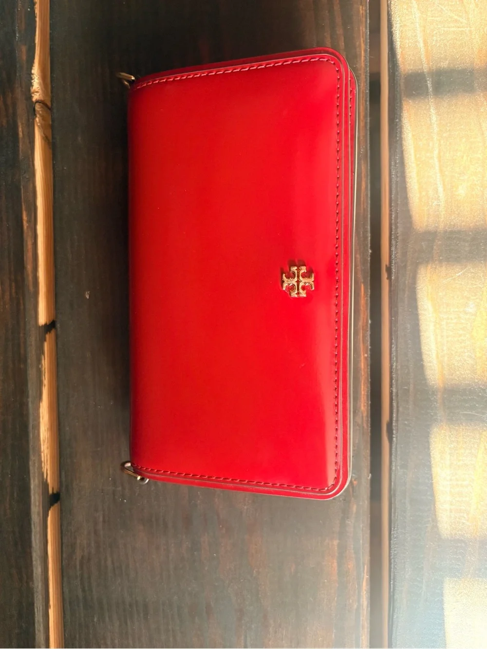Tory Burch Vibrant Red Leather Zip-Around Wallet with Gold Logo